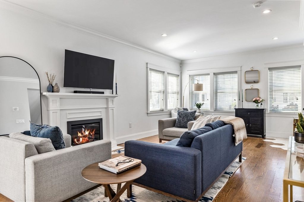 Fireplace, Interior, Living room, Recessed Lighting, Wood Texture Flooring