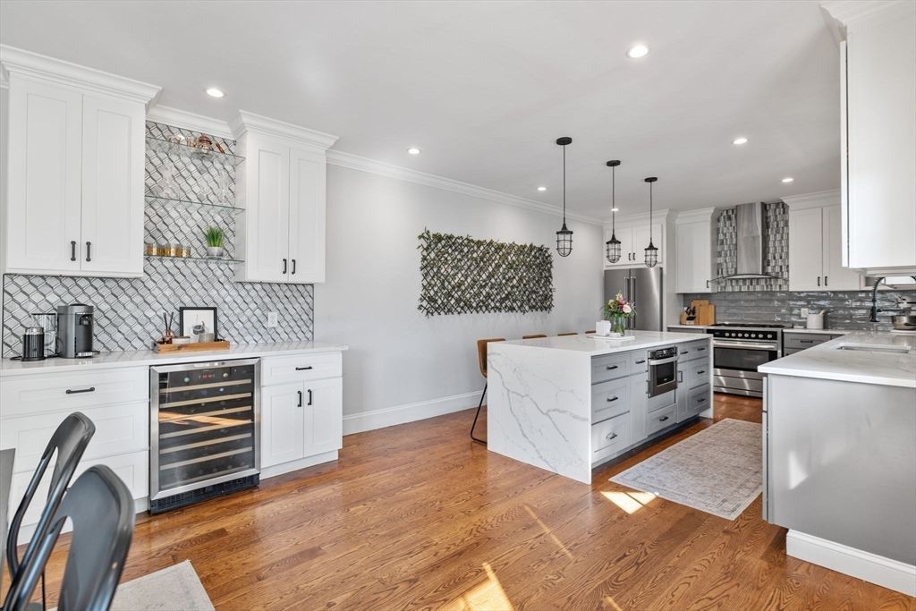 Interior, Kitchen, Pendant Lights, Recessed Lighting, Stainless Steel Appliances, Wood Texture Flooring