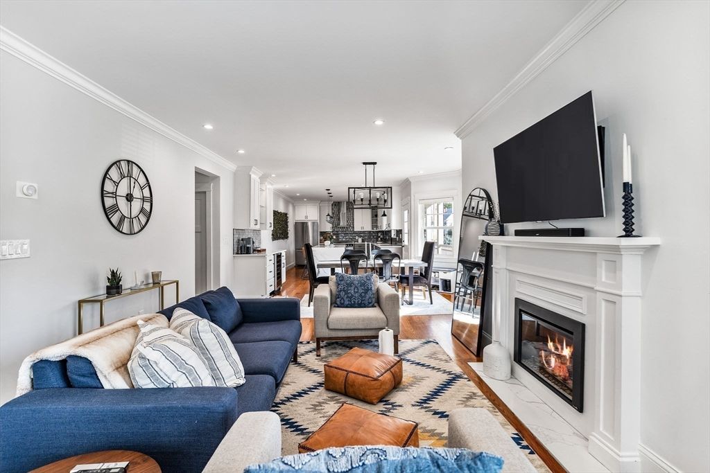 Dining room, Fireplace, Interior, Kitchen, Living room, Pendant Lights, Recessed Lighting, Wood Texture Flooring