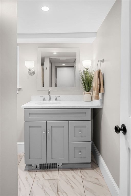 Bathroom, Dual Sink Vanities, Interior, Marble, Recessed Lighting