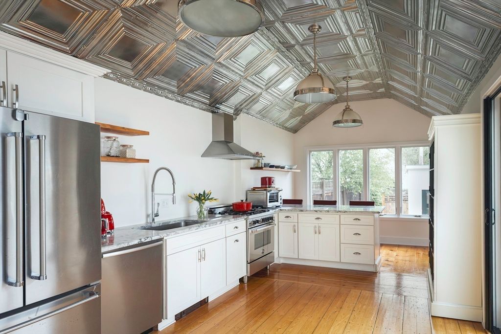 Interior, Kitchen, Pendant Lights, Stainless Steel Appliances, Wood Texture Flooring