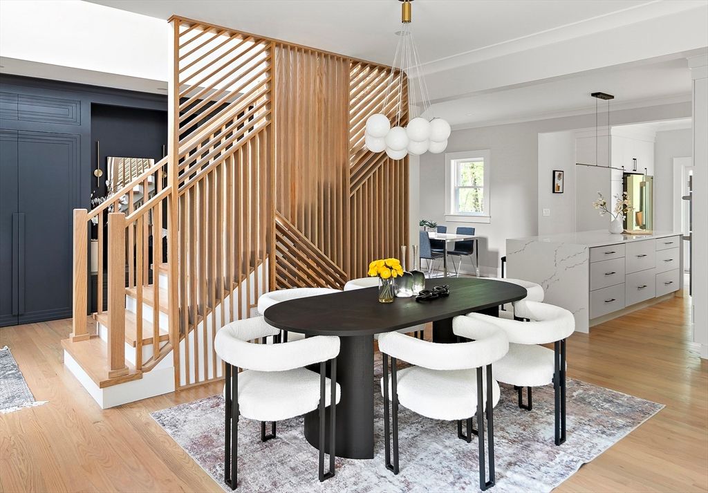 Dining room, Interior, Pendant Lights, Wood Texture Flooring