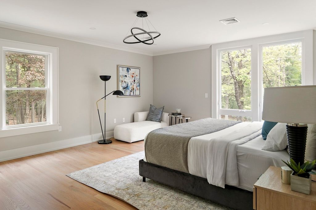 Bedroom, Interior, Pendant Lights, Wood Texture Flooring