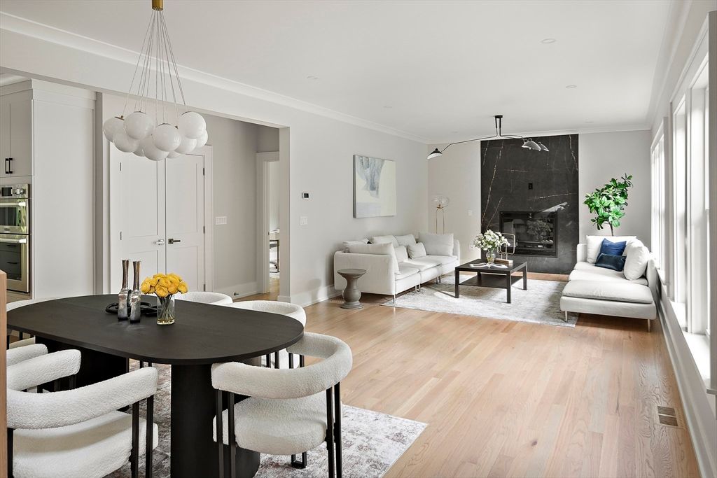 Dining room, Fireplace, Interior, Living room, Pendant Lights, Wood Texture Flooring