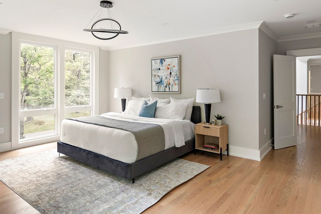 Bedroom, Interior, Pendant Lights, Wood Texture Flooring