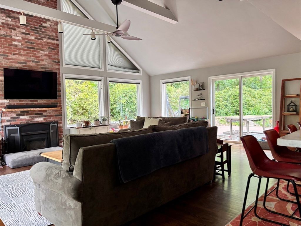 Fireplace, Interior, Living room, Stone Walls, Wood Texture Flooring