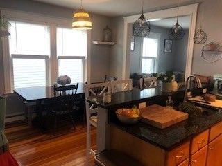 Dining room, Interior, Pendant Lights, Wood Texture Flooring