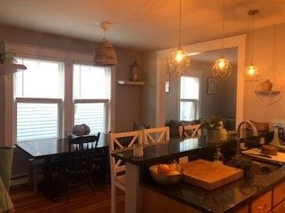 Dining room, Interior, Pendant Lights, Wood Texture Flooring