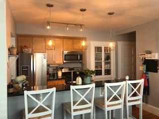 Interior, Kitchen, Pendant Lights, Stainless Steel Appliances, Wood Texture Flooring
