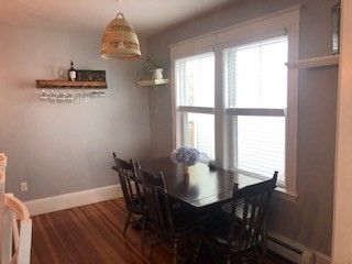 Dining room, Interior, Pendant Lights, Wood Texture Flooring