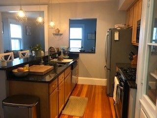 Interior, Kitchen, Pendant Lights, Wood Texture Flooring