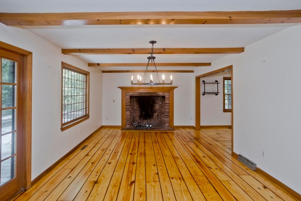 Empty room, Fireplace, Interior, Pendant Lights, Wooden Beams, Wood Texture Flooring