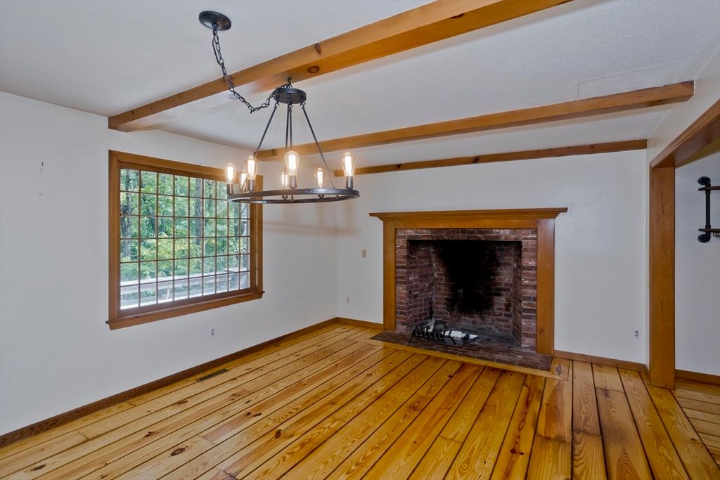 Chandelier, Empty room, Fireplace, Interior, Pendant Lights, Wooden Beams, Wood Texture Flooring