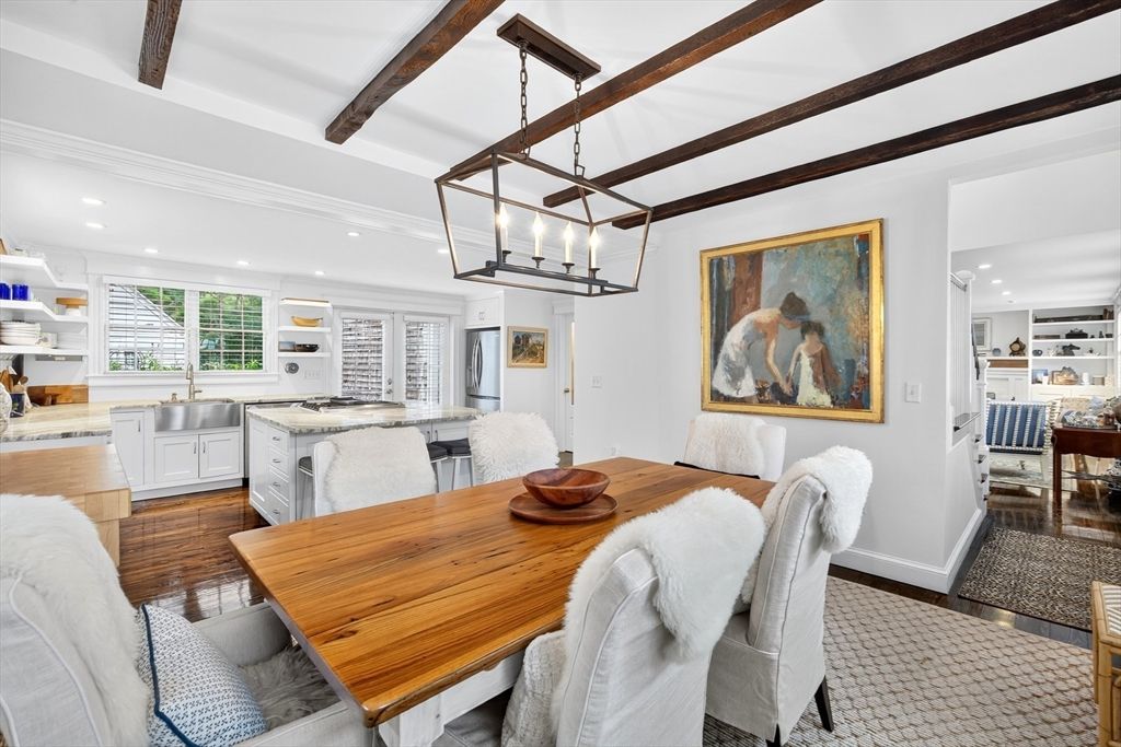 Chandelier, Dining room, Interior, Kitchen, Pendant Lights, Recessed Lighting, Wooden Beams, Wood Texture Flooring