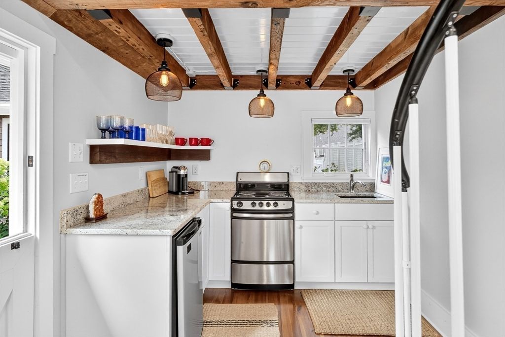 Interior, Kitchen, Pendant Lights, Stainless Steel Appliances, Wooden Beams, Wood Texture Flooring