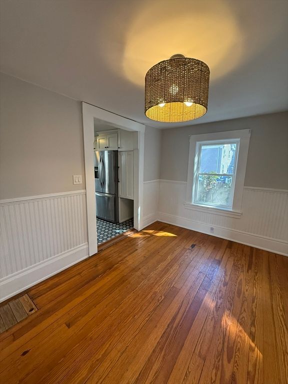 Empty room, Interior, Kitchen, Stainless Steel Appliances, Wood Texture Flooring