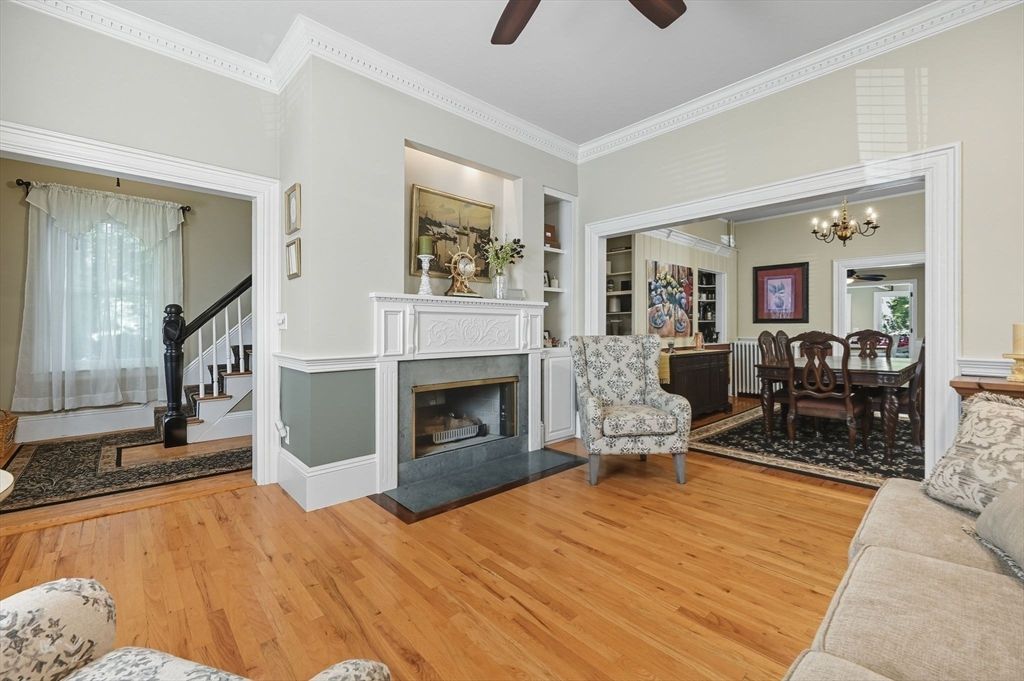 Chandelier, Dining room, Fireplace, Interior, Living room, Wood Texture Flooring