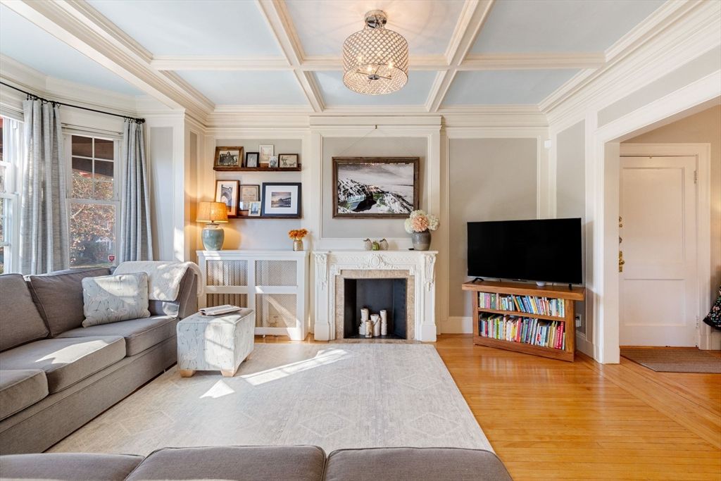 Fireplace, Interior, Living room, Pendant Lights, Wood Texture Flooring