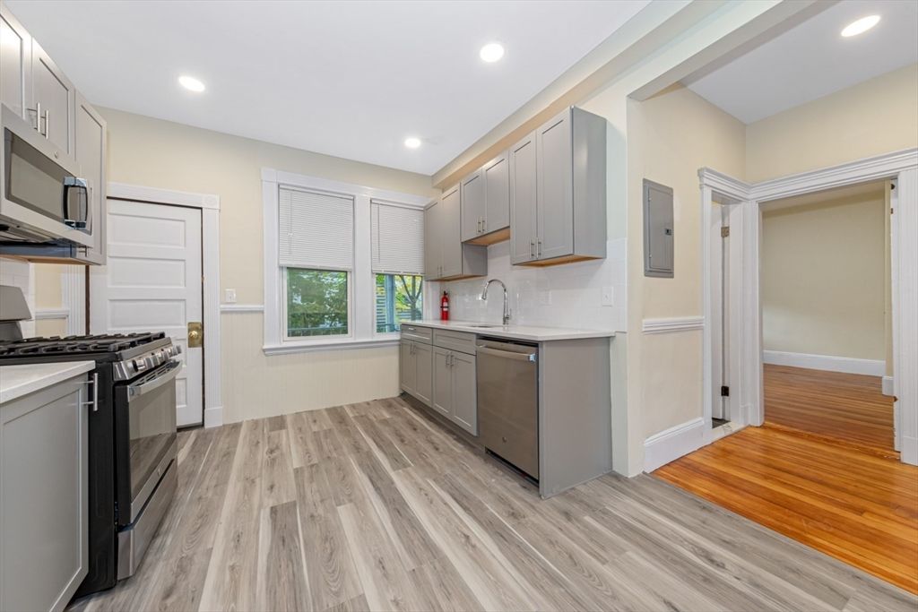 Interior, Kitchen, Recessed Lighting, Stainless Steel Appliances, Wood Texture Flooring