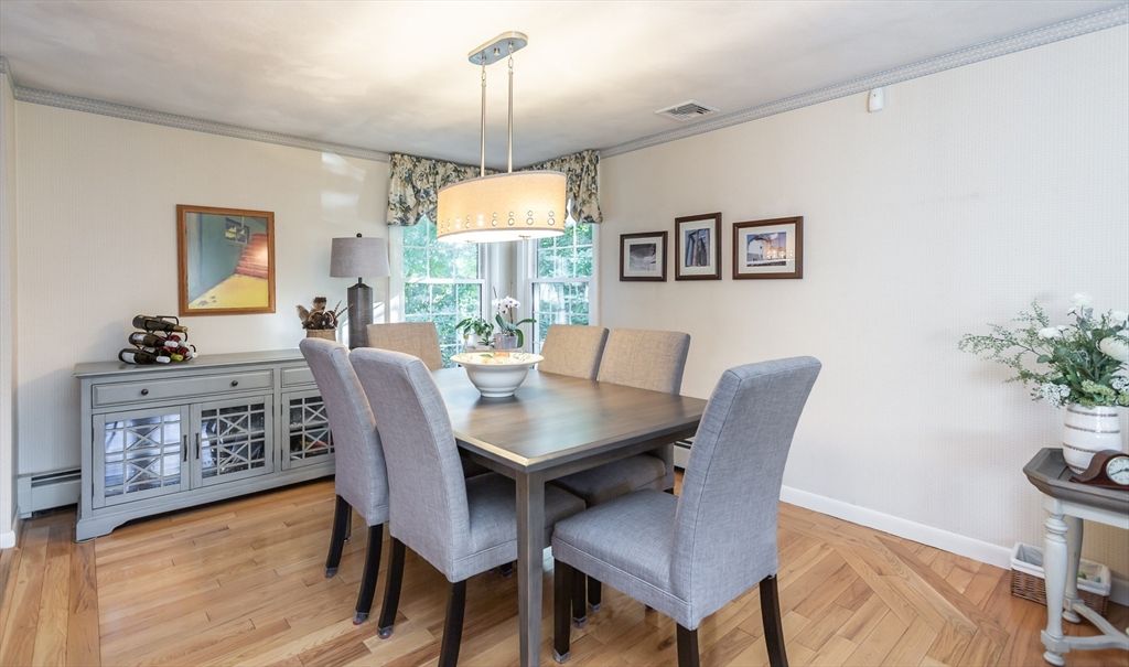 Dining room, Interior, Pendant Lights, Wood Texture Flooring