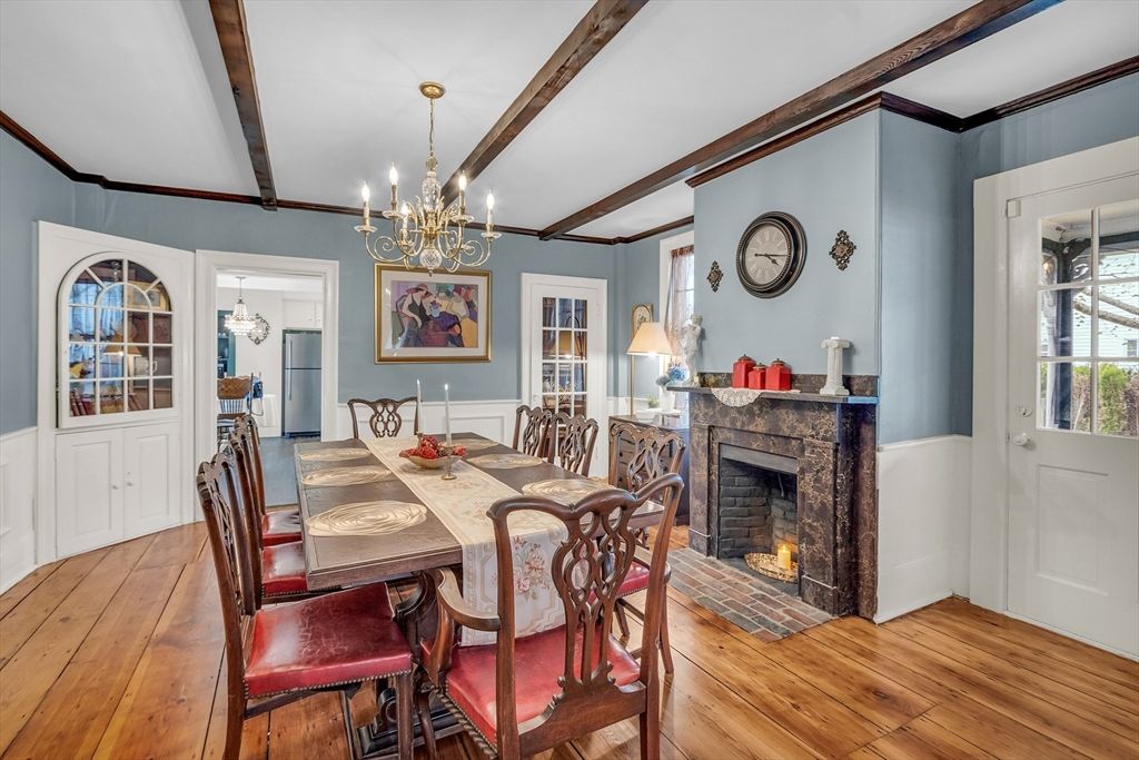 Chandelier, Dining room, Fireplace, Interior, Wooden Beams, Wood Texture Flooring