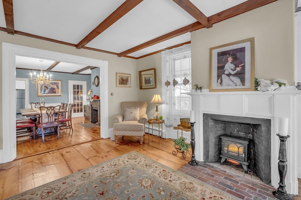 Chandelier, Dining room, Fireplace, Interior, Wooden Beams, Wood Texture Flooring