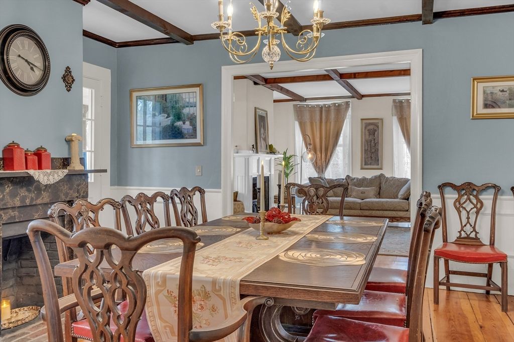 Chandelier, Dining room, Fireplace, Interior, Wooden Beams, Wood Texture Flooring