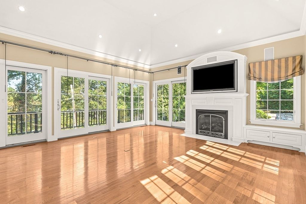 Empty room, Fireplace, Interior, Recessed Lighting, Wood Texture Flooring