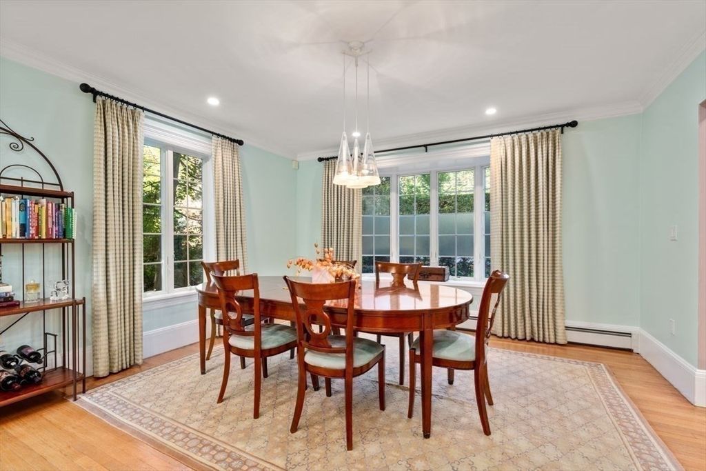 Dining room, Interior, Pendant Lights, Recessed Lighting, Wood Texture Flooring