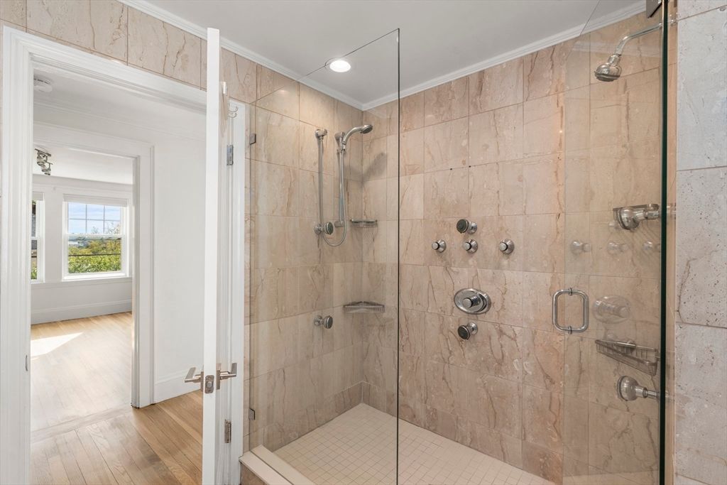 Bathroom, Glass Shower, Interior, Recessed Lighting, Wood Texture Flooring