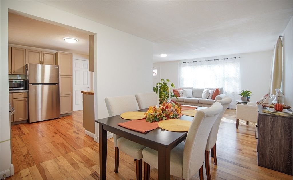 Dining room, Interior, Kitchen, Living room, Recessed Lighting, Stainless Steel Appliances, Wood Texture Flooring