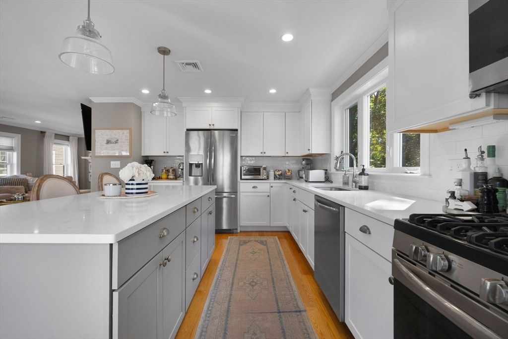 Interior, Kitchen, Pendant Lights, Recessed Lighting, Stainless Steel Appliances, Wood Texture Flooring