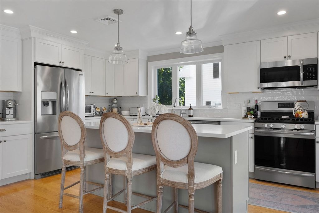 Interior, Kitchen, Pendant Lights, Recessed Lighting, Stainless Steel Appliances, Wood Texture Flooring