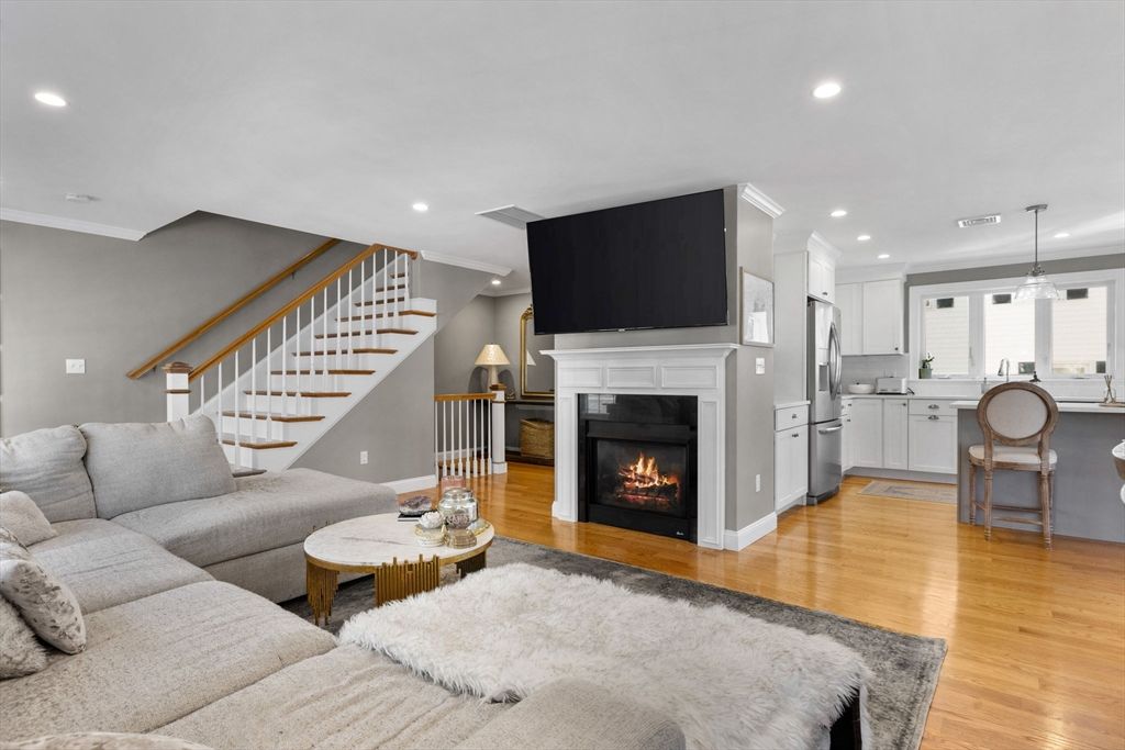Fireplace, Interior, Kitchen, Living room, Pendant Lights, Recessed Lighting, Wood Texture Flooring