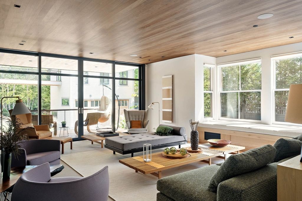 Fireplace, Interior, Living room, Recessed Lighting, Wooden Ceilings