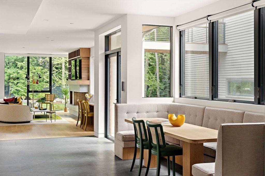 Dining room, Fireplace, Interior, Living room, Recessed Lighting, Wood Texture Flooring