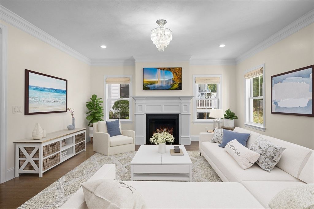 Chandelier, Fireplace, Interior, Living room, Recessed Lighting, Wood Texture Flooring