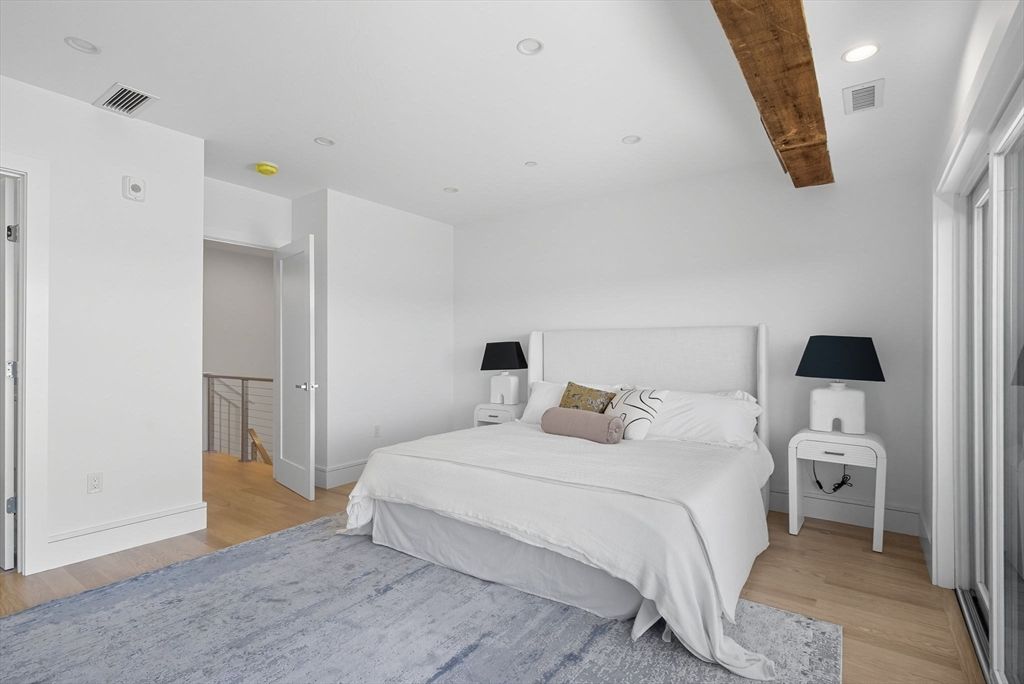 Bedroom, Interior, Recessed Lighting, Wooden Beams, Wood Texture Flooring