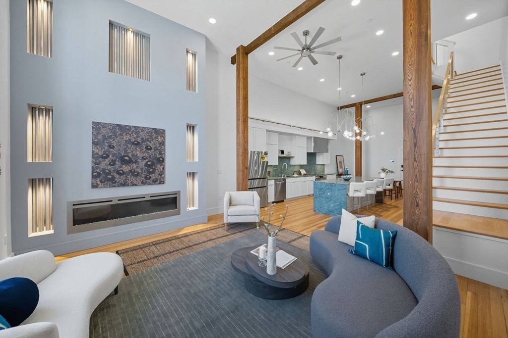 Dining room, Fireplace, Interior, Kitchen, Living room, Pendant Lights, Recessed Lighting, Wood Texture Flooring