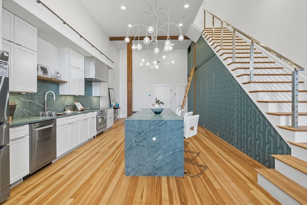 Dining room, Interior, Kitchen, Pendant Lights, Recessed Lighting, Stainless Steel Appliances, Wood Texture Flooring