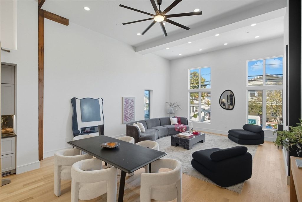 Dining room, Interior, Living room, Recessed Lighting, Wooden Beams, Wood Texture Flooring