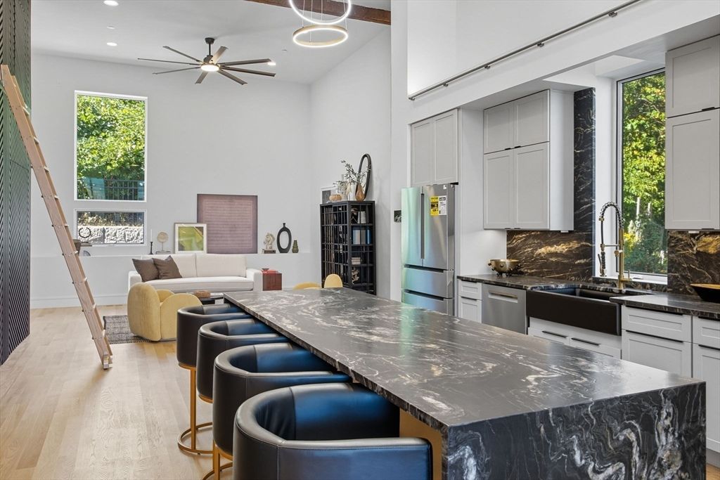 Interior, Kitchen, Living room, Recessed Lighting, Stainless Steel Appliances, Wood Texture Flooring