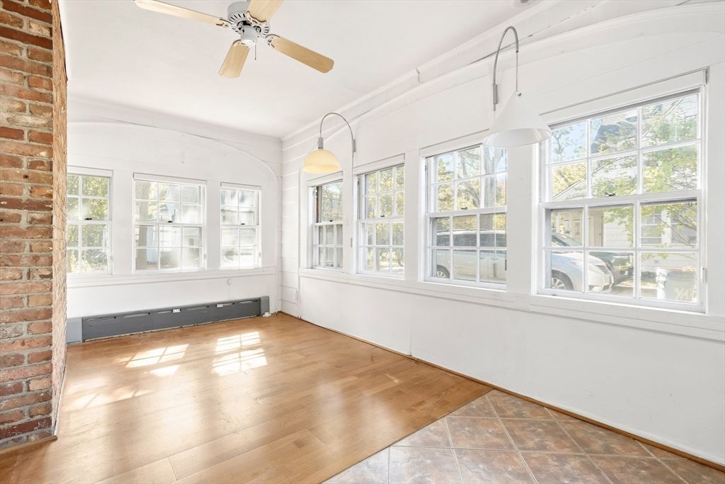 Empty room, Interior, Pendant Lights, Stone Walls, Wood Texture Flooring