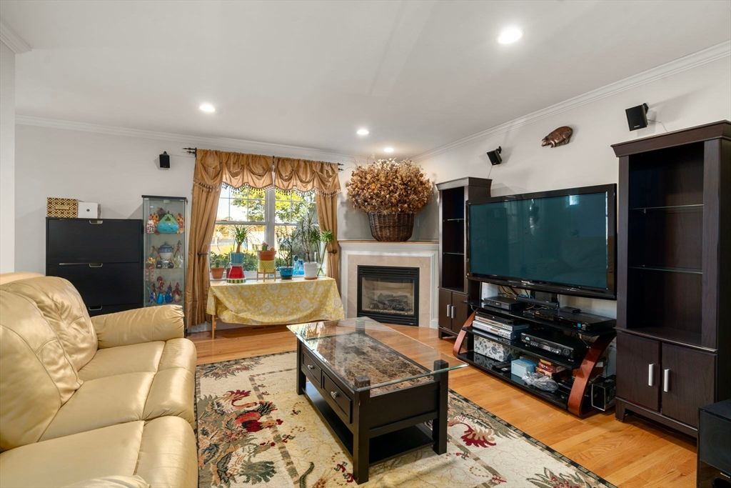 Fireplace, Interior, Living room, Recessed Lighting, Wood Texture Flooring