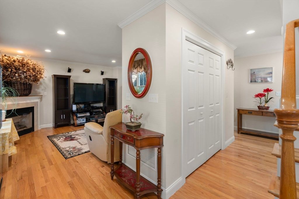 Fireplace, Interior, Living room, Recessed Lighting, Wood Texture Flooring