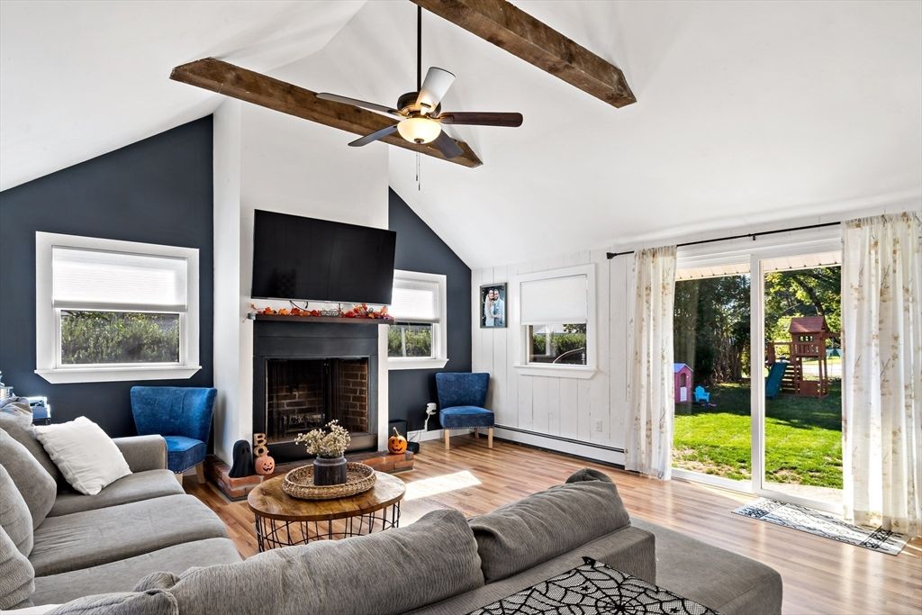 Fireplace, Interior, Living room, Wooden Beams, Wood Texture Flooring