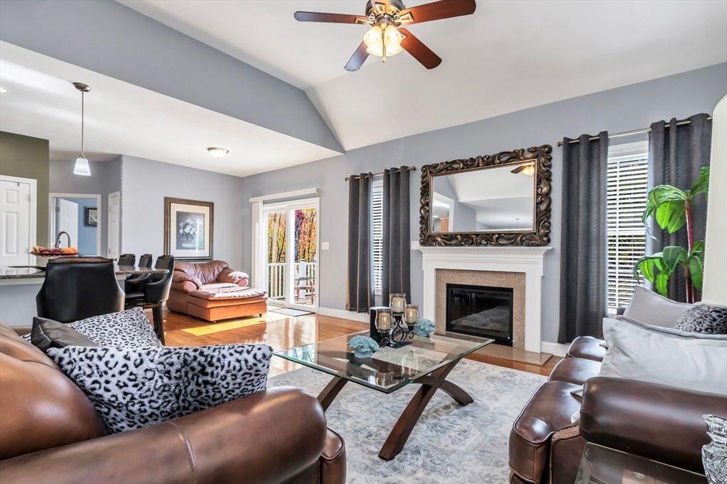 Fireplace, Interior, Living room, Pendant Lights, Wood Texture Flooring