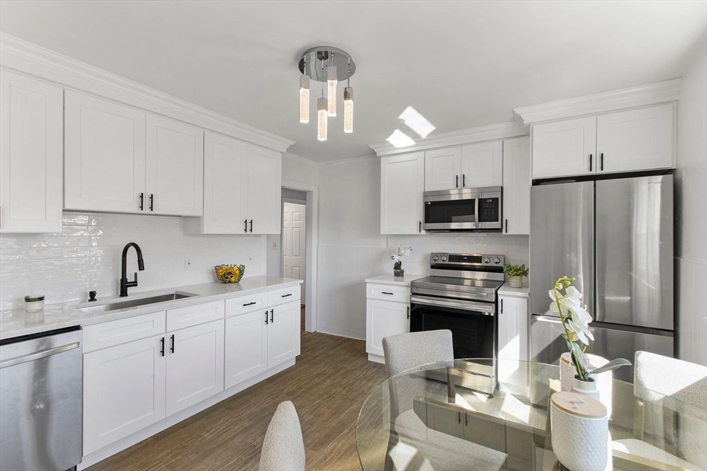 Interior, Kitchen, Pendant Lights, Stainless Steel Appliances, Wood Texture Flooring
