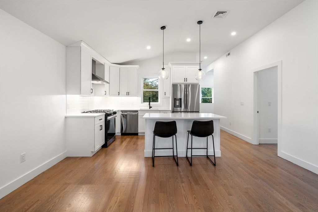 Interior, Kitchen, Pendant Lights, Recessed Lighting, Stainless Steel Appliances, Wood Texture Flooring