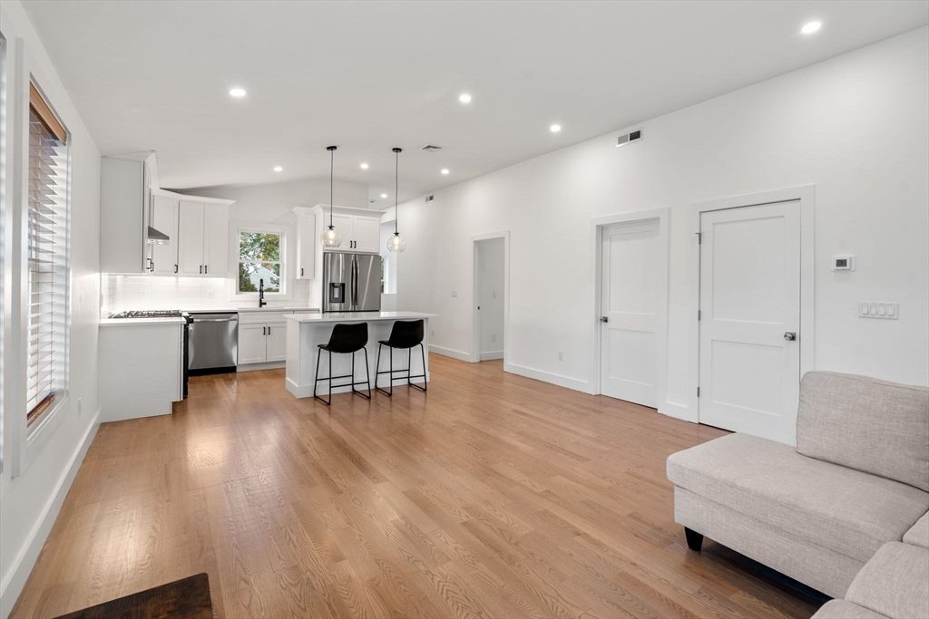 Interior, Kitchen, Pendant Lights, Recessed Lighting, Stainless Steel Appliances, Wood Texture Flooring